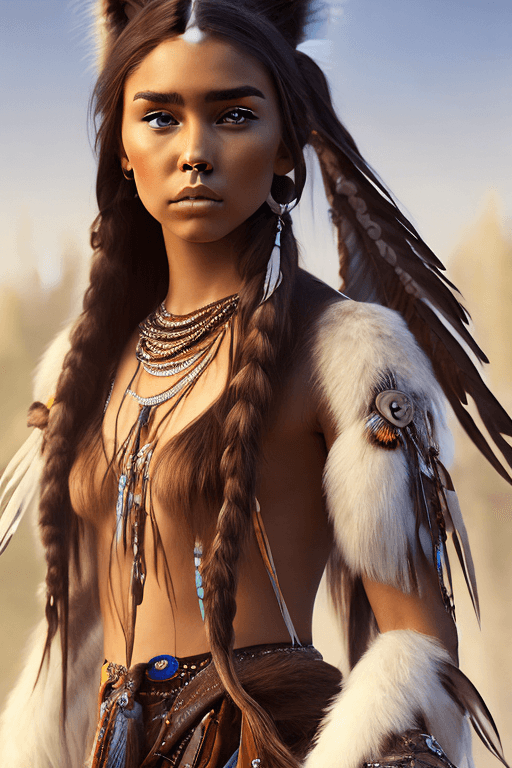 AI generated: <lora:OpenJourney-LORA:1>| portrait photograph of Madison Beer as Pocahontas| young beautiful native...