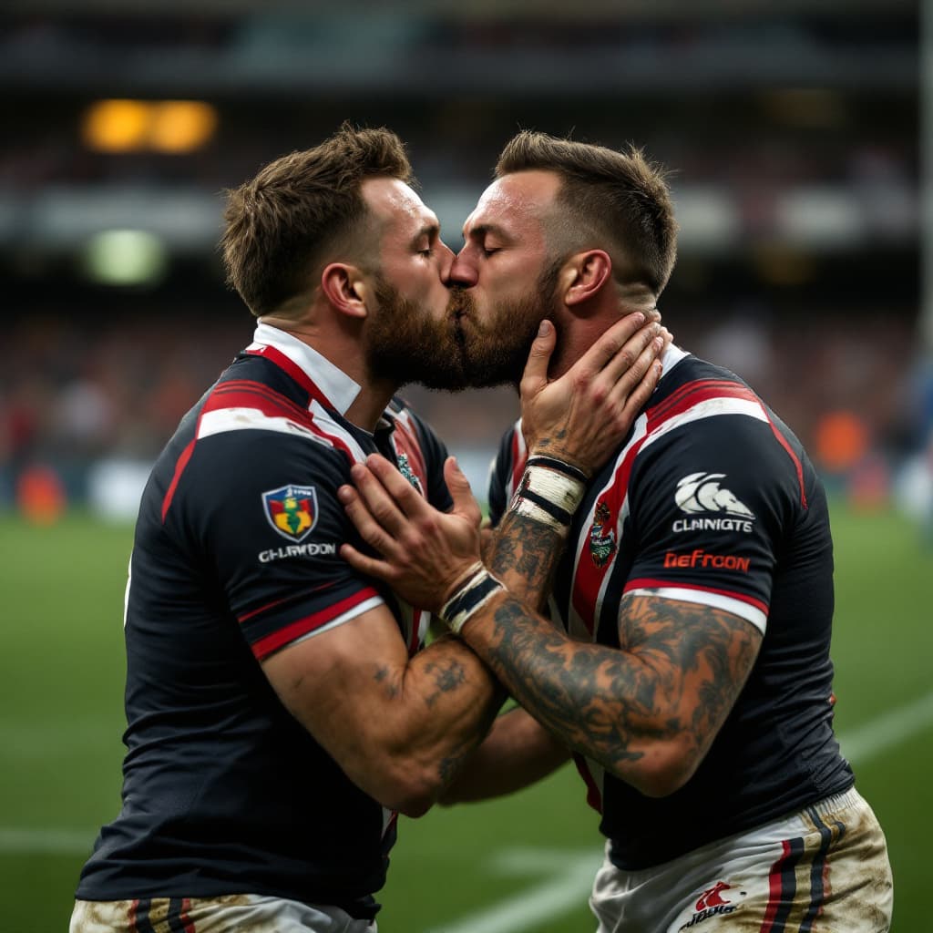 AI generated: two rugby men kissing on a rugby field