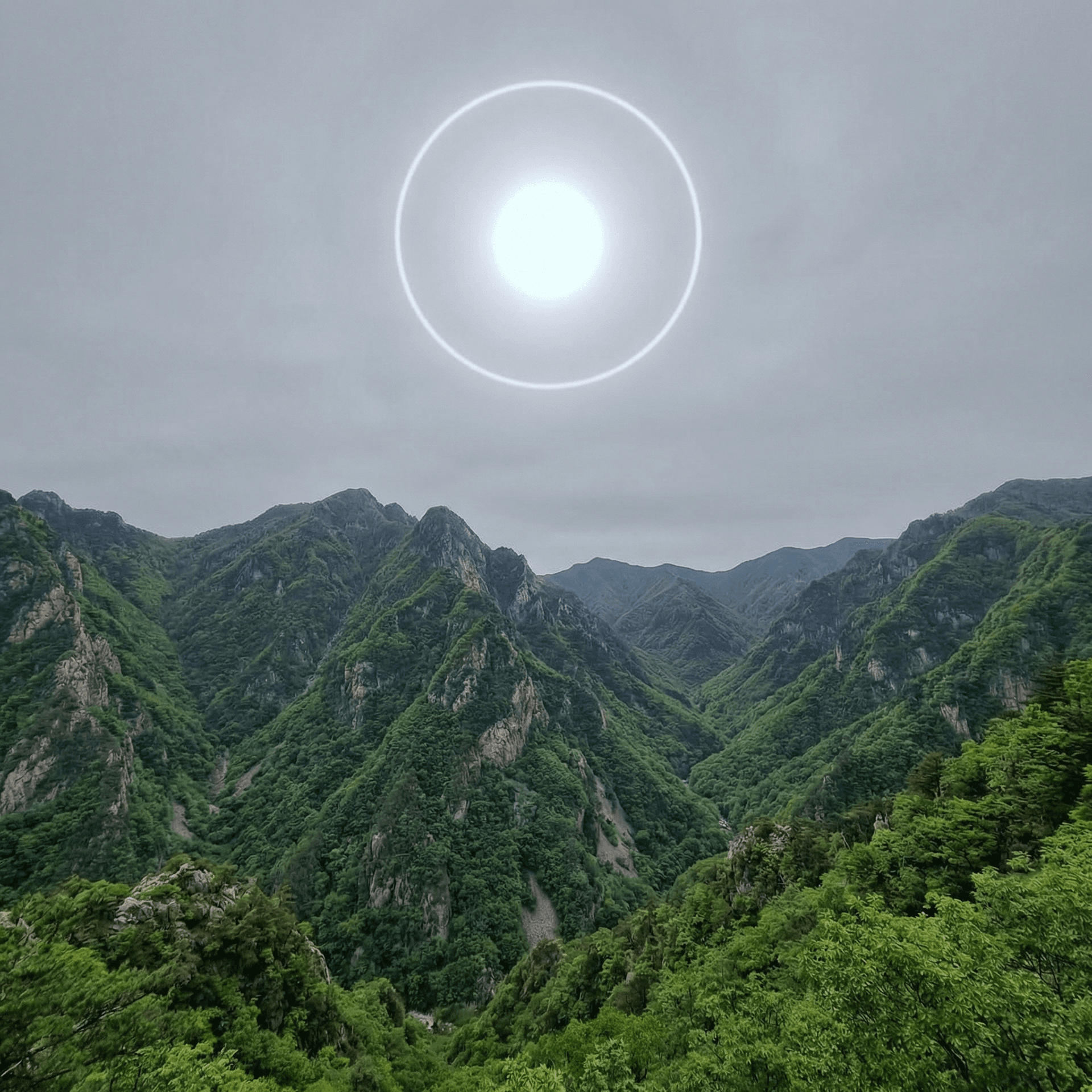 AI generated: a scenic landscape with valleys and really tall mountains covered in lush green but the sky has a mo...