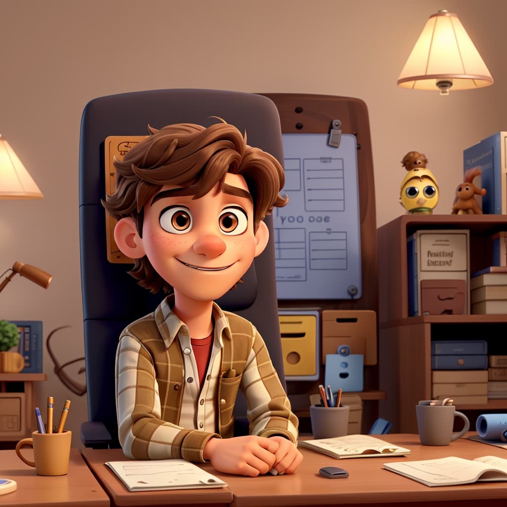 AI generated: A young man with light brown wavy hair and light brown eyes sitting in an armchair and looking direc...
