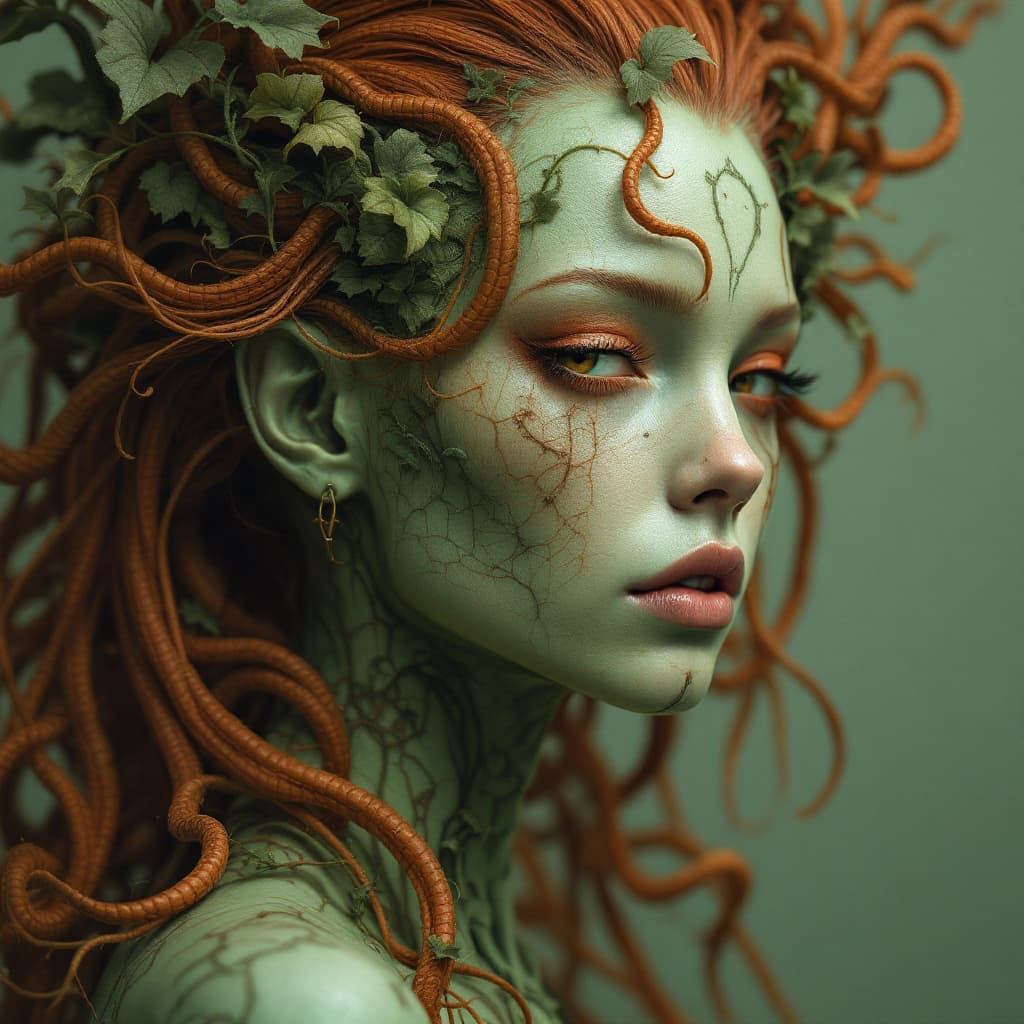 AI generated: hyperreal alien cyborg redhead Poison Ivy art by theo el, in the style of balanced symmetry, green h...