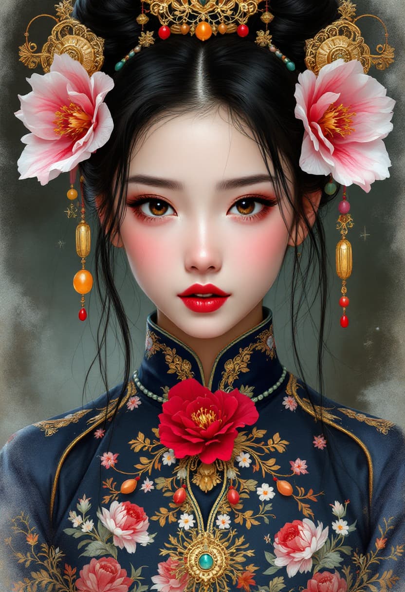 AI generated: A highly detailed digital painting depicts a young girl with an intense, focused expression, looking...