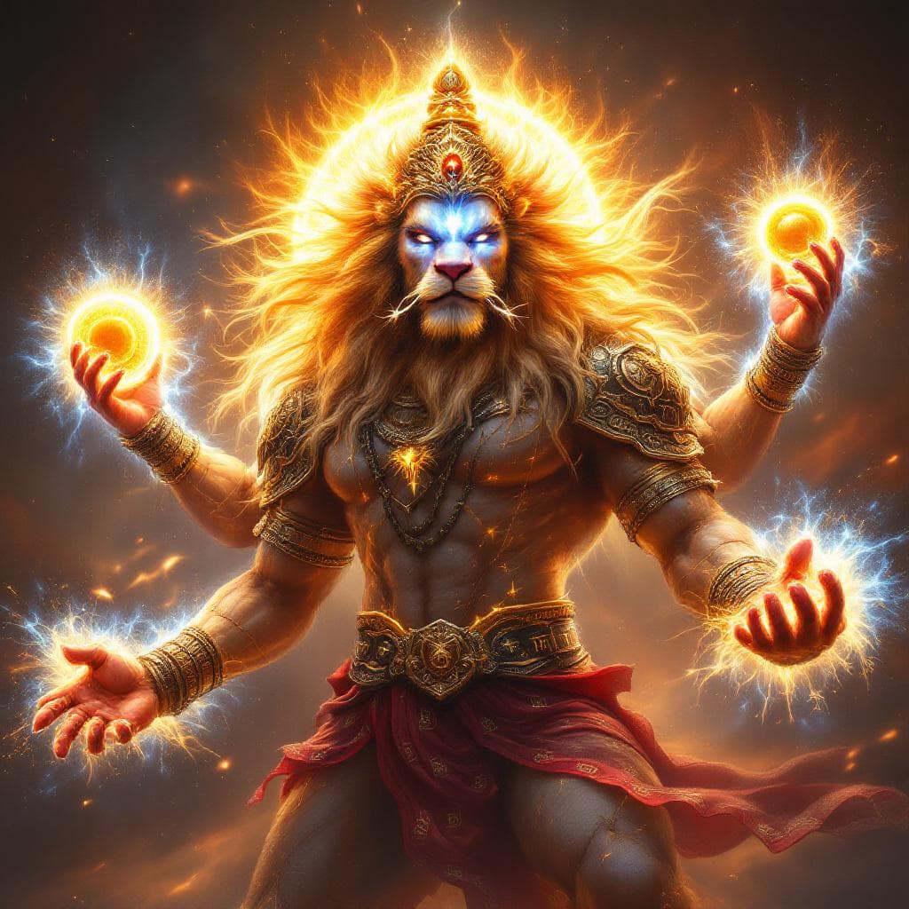 AI generated: An ultra-realistic, full-body portrait of Lord Narasimha, the fierce half-lion, half-man avatar of V...