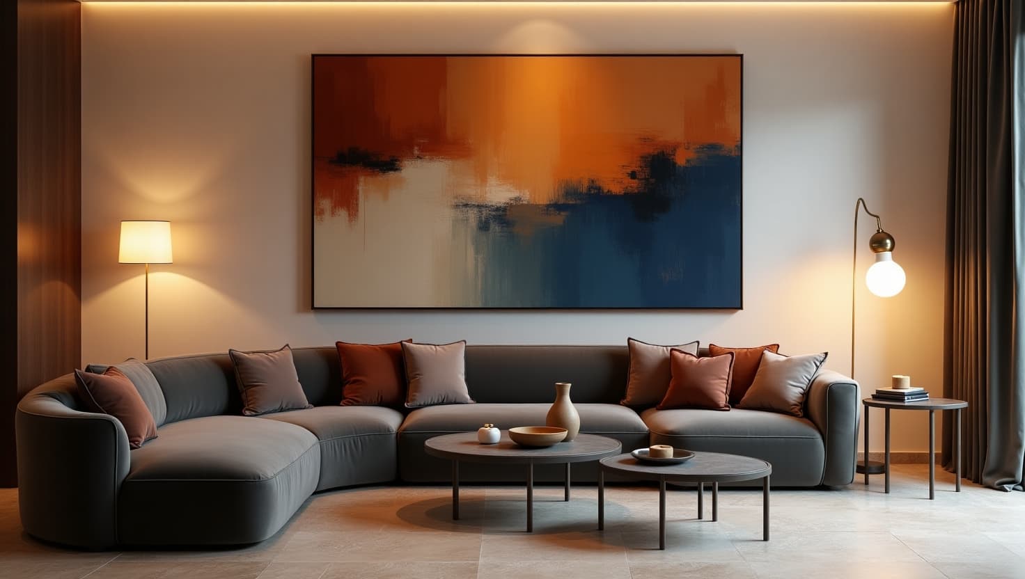 AI generated: A sleek, low-lit contemporary lounge featuring a curved, charcoal-grey sectional sofa adorned with a...