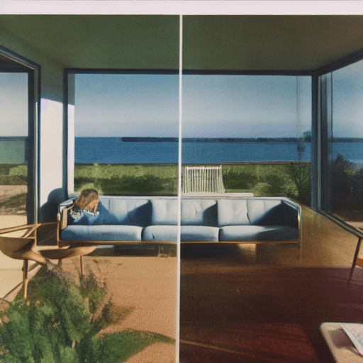 AI generated: Hyper realistic eye level exterior photo of a mid century modern style house overlooking the ocean, ...