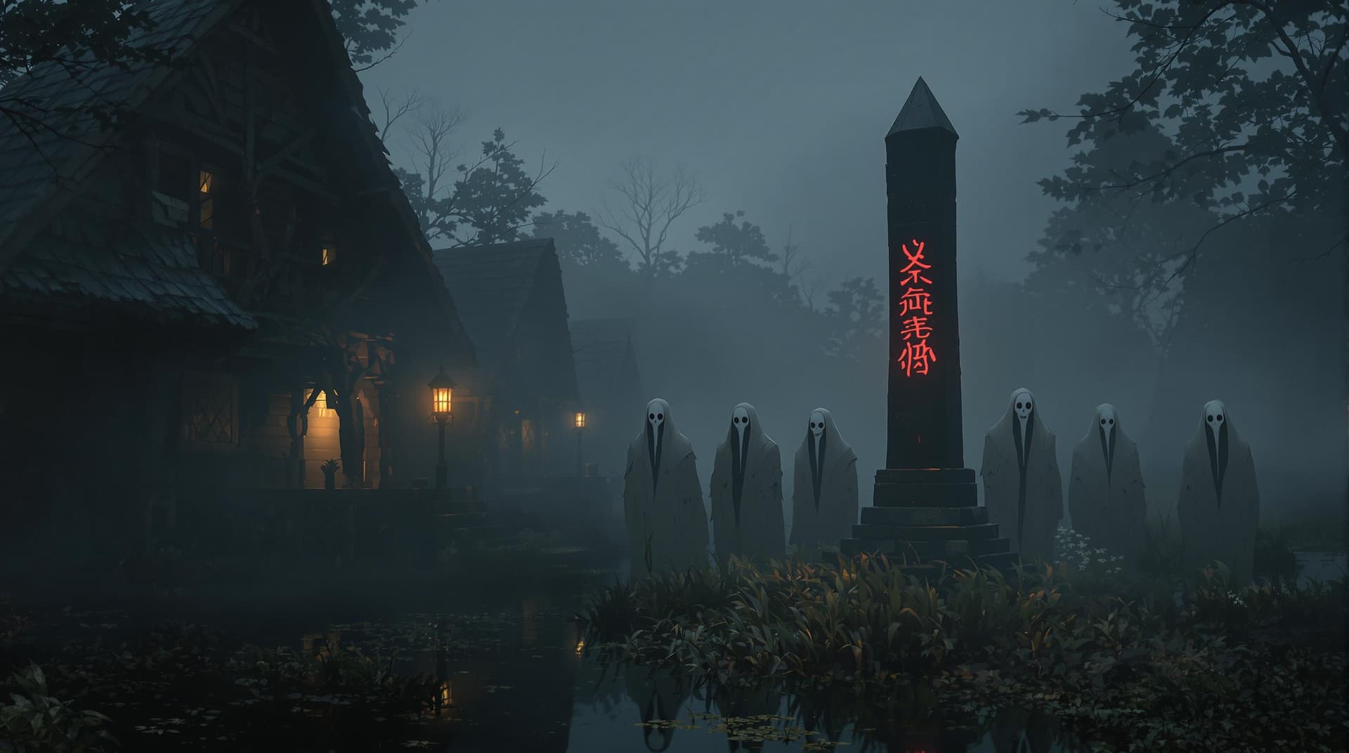 AI generated: Medieval foggy swamp village at dawn, wooden huts on stilts over black water, six mysterious figures...