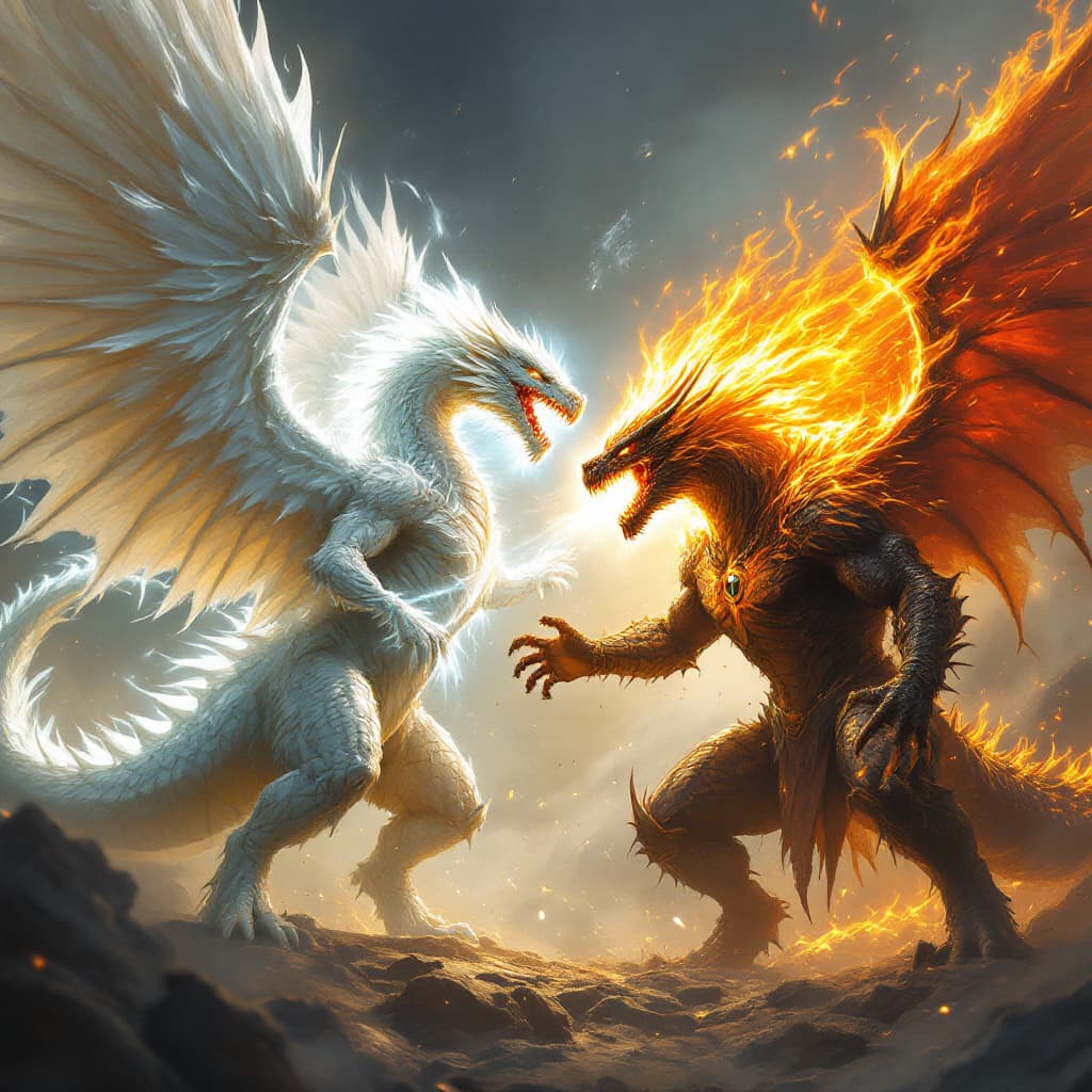 AI generated: A dramatic and intense battle between two mighty draconian creatures, locked in combat. On one side,...