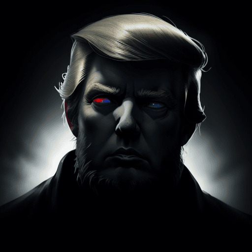 AI generated: Donald Trump, with a beard and a beard with glowing eyes in a dark room with a black background and ...