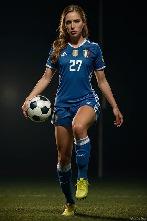 AI generated: full body  realistic style woman dressed as a soccer player with an Italy soccer jersey, she has to ...