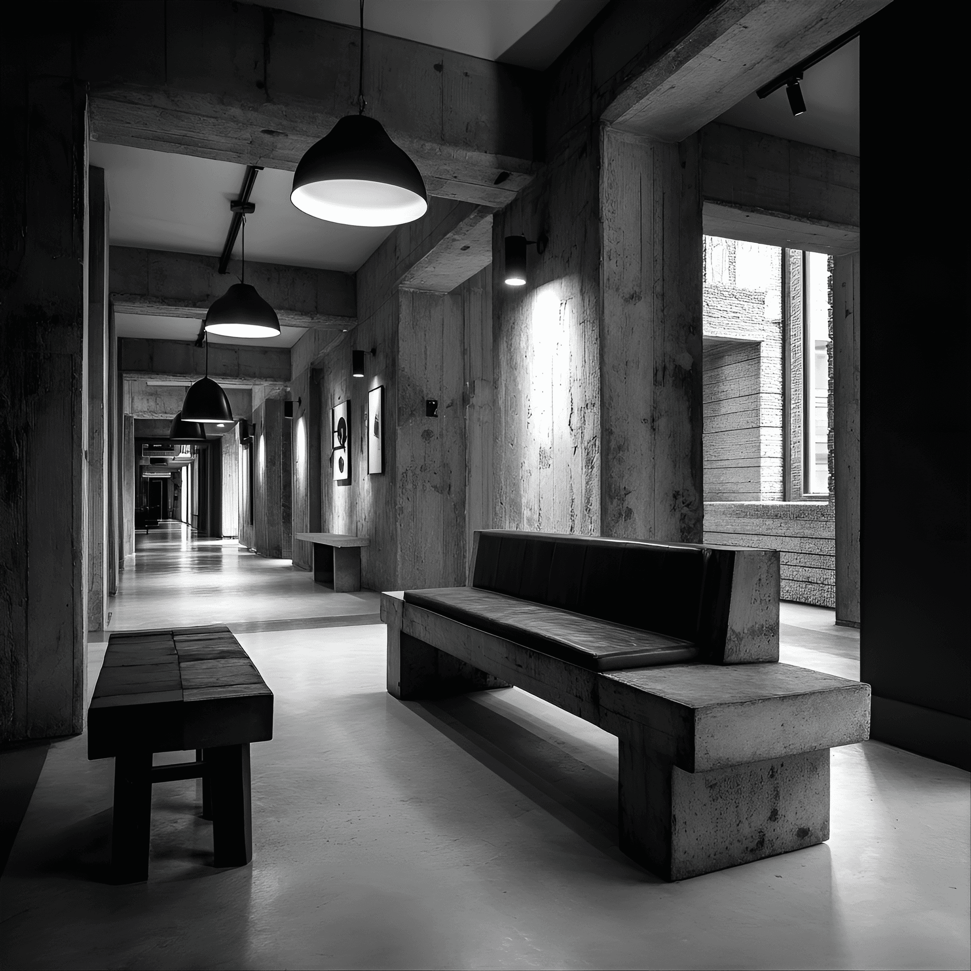 AI generated: photography, brutalist functional style, interior design of a modern space with raw concrete, functi...