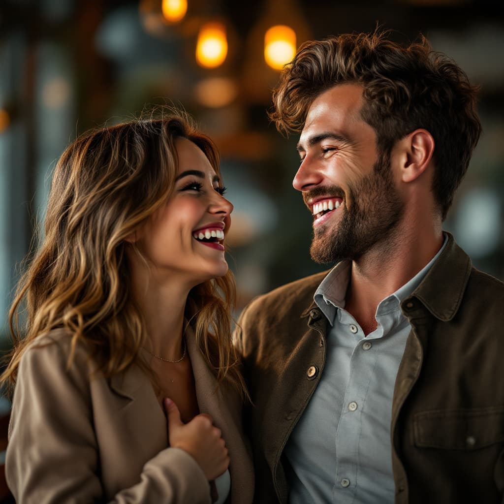 AI generated: Hyperrealistic photo of a 25-year-old woman and a 35-year-old man, laughing sincerely while looking ...