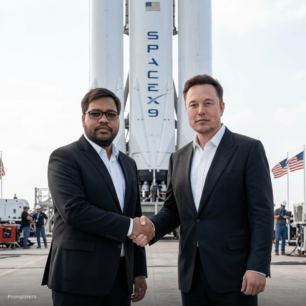 AI generated: with Elon Musk in front of a SpaceX rocket, professional setting