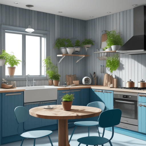 AI generated: a small kitchen with a BLUE kitchen set, light floor,gray wooden walls, with a round table in the mi...