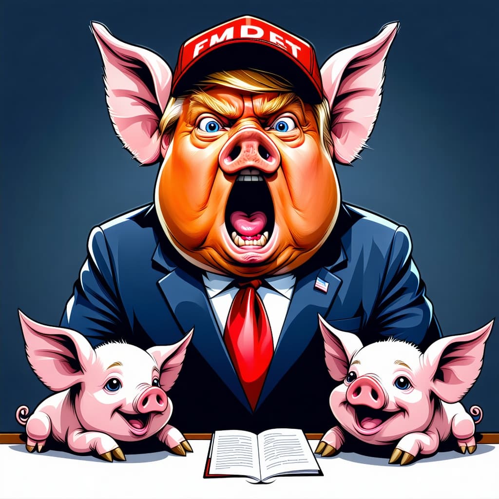 AI generated: funny caricature, angry president of the United States caricature, animated pig, ageless, with deep ...
