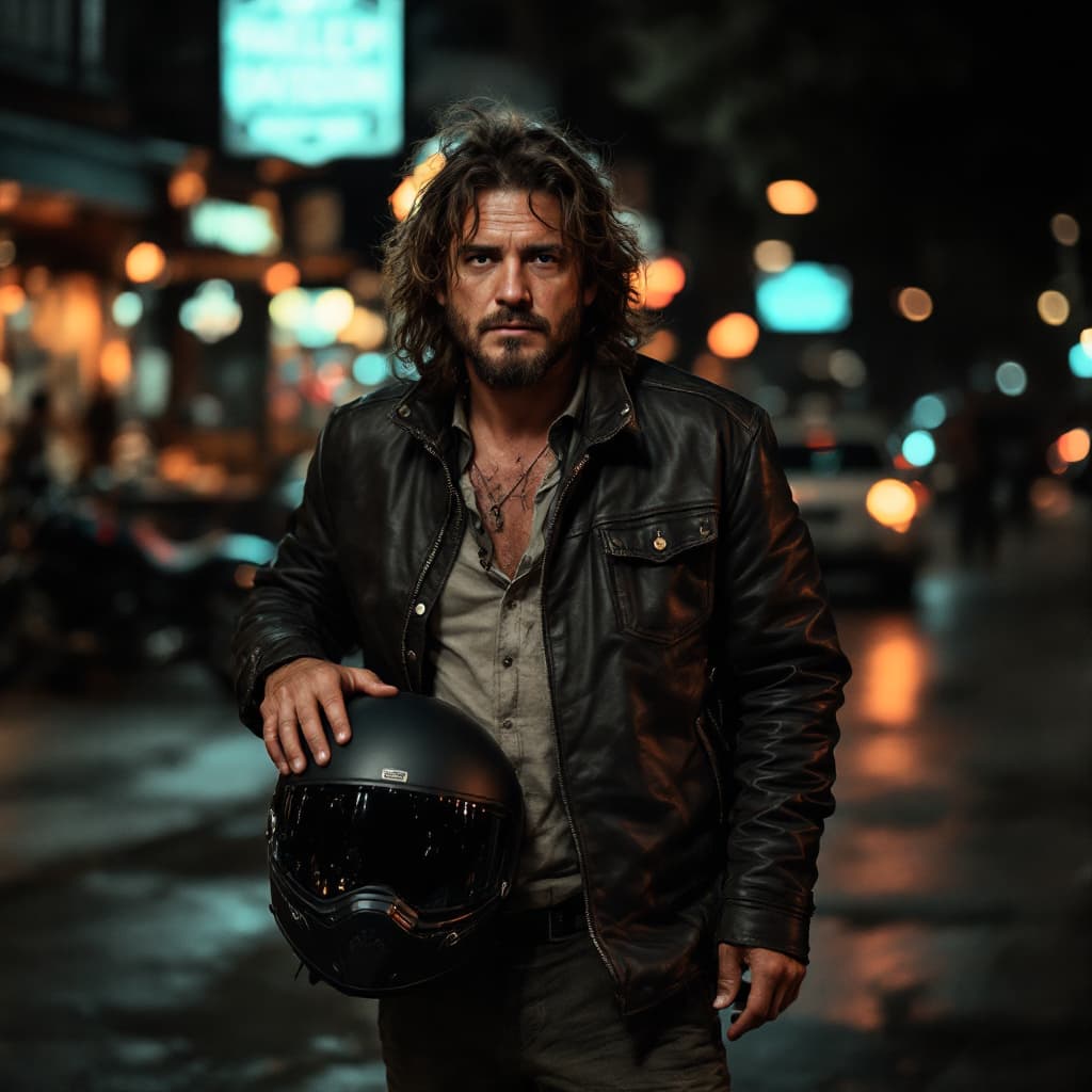 AI generated: photo of a middle-aged colombian long hair, 33 years old man, full body, wearing worn-out:1.2 leathe...