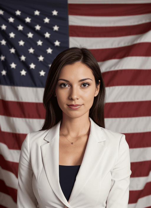 AI generated: Business woman in front of American flag