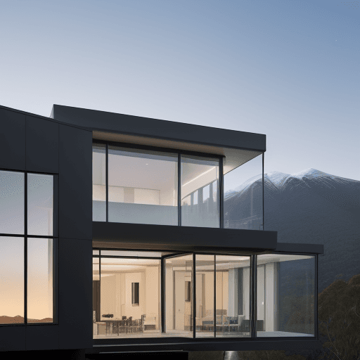 AI generated: modern house with structurally floating overhangs. house with glass windows and low stone walls, aus...