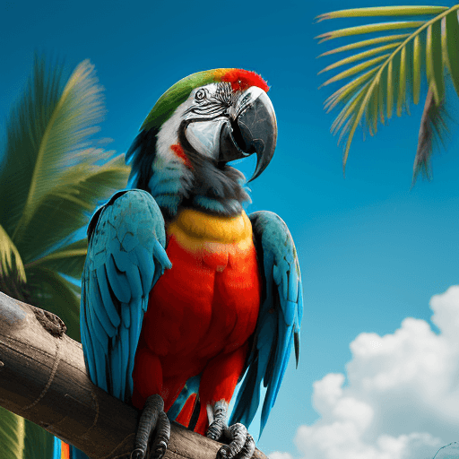 AI generated: macaw in the carribean, natural light, post processing, color grading, wildlife photography, hd, pho...