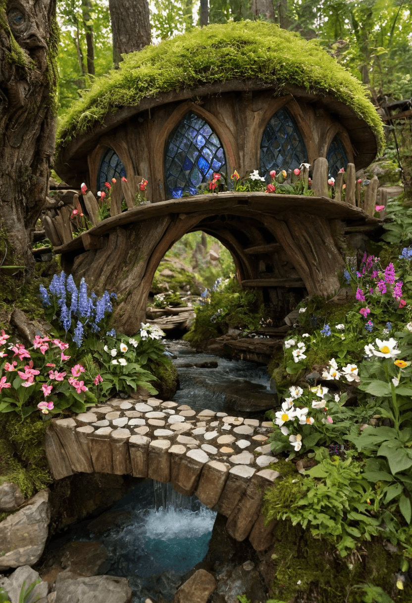 AI generated: A hidden gnome village nestled deep within a magical forest, with tiny bridges over crystal-clear st...