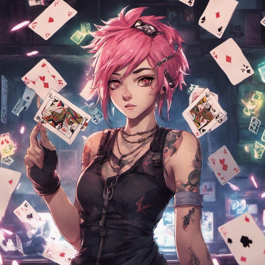 AI generated: A punk rock girl with neon-colored hair and tattoos, confidently holding a winning hand of cards in ...