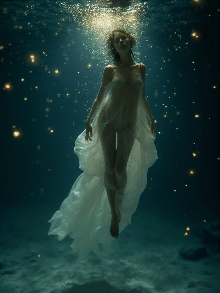 AI generated:  (A hyper-realistic, masterpiece-level color photograph:1.3) of a beautiful woman floating underwate...