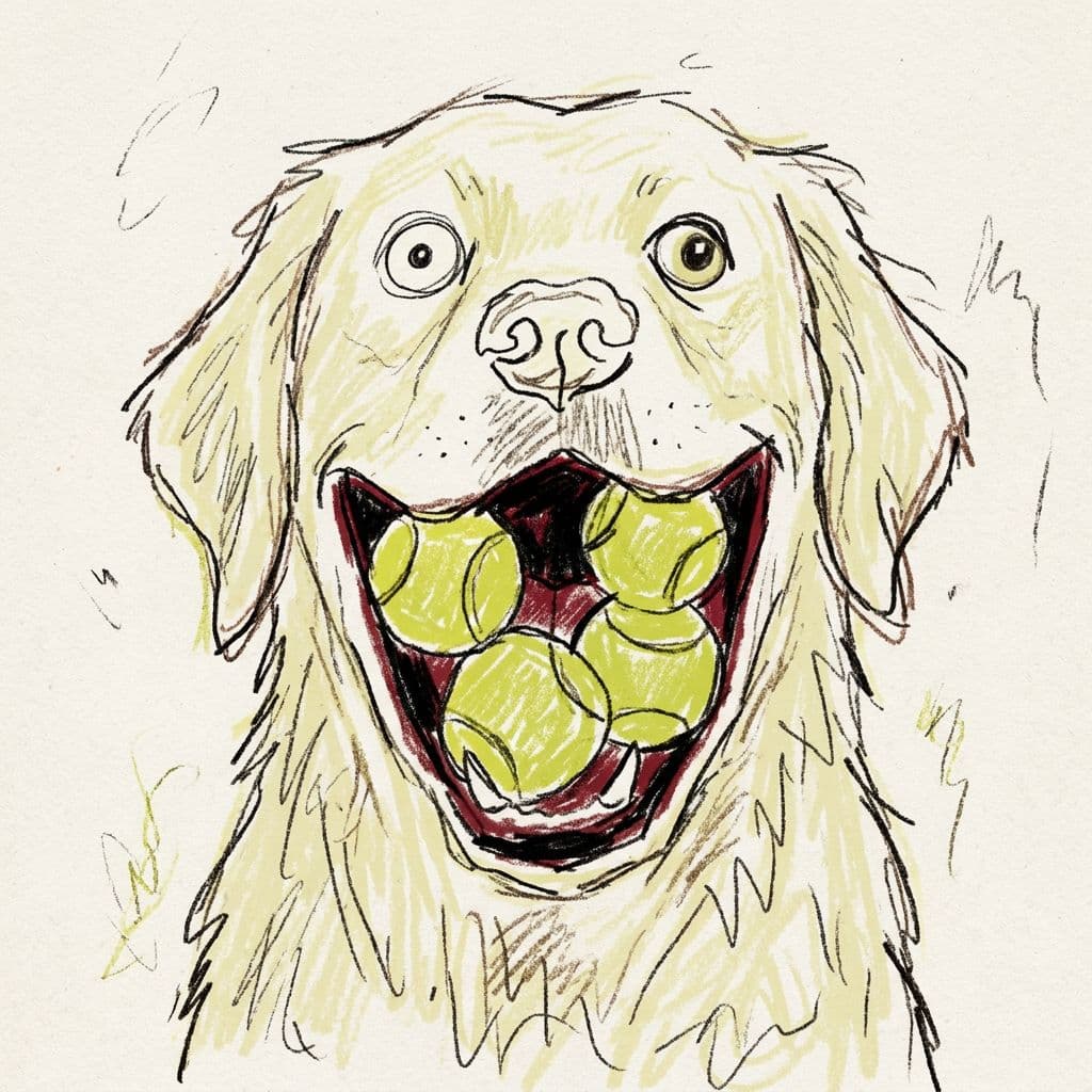 AI generated: white long-haired labrador holding four tennis balls in its mouth, playful exaggerated expression, f...