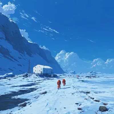 AI generated video: Two astronauts walking on the surface of icy alien planet, a small white building is behind them, cl...