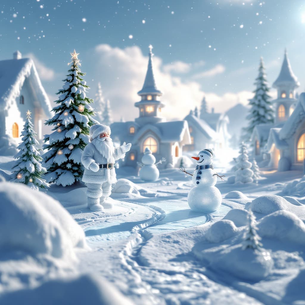 AI generated: 3D render of a photorealistic image of an ice town, ice fairy sculptures of Santa, snowman, Christma...
