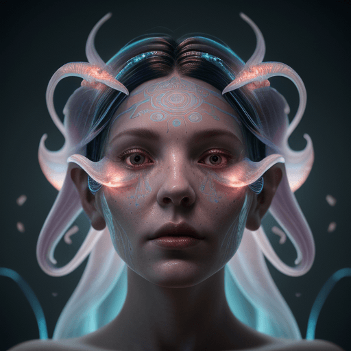 AI generated: Goddess close-up portrait ribcagel. jellyfish phoenix head, nautilus, orchid, skull, betta fish, bio...