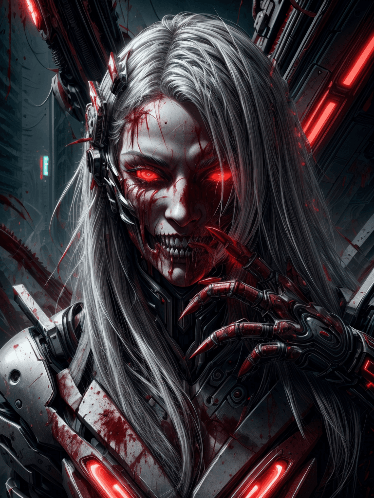 AI generated: CarnageStyle, (blood_red:1.3), <lora:CarnageStyle:0.6>, A portrait of a cybernetic demon woman, a ma...