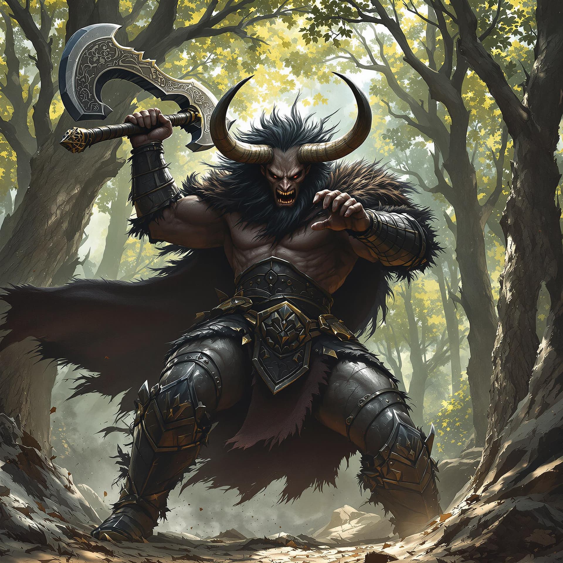 AI generated: A minotaur warrior, clad in battered black armor. His fur-lined cloak billows behind him as he lunge...
