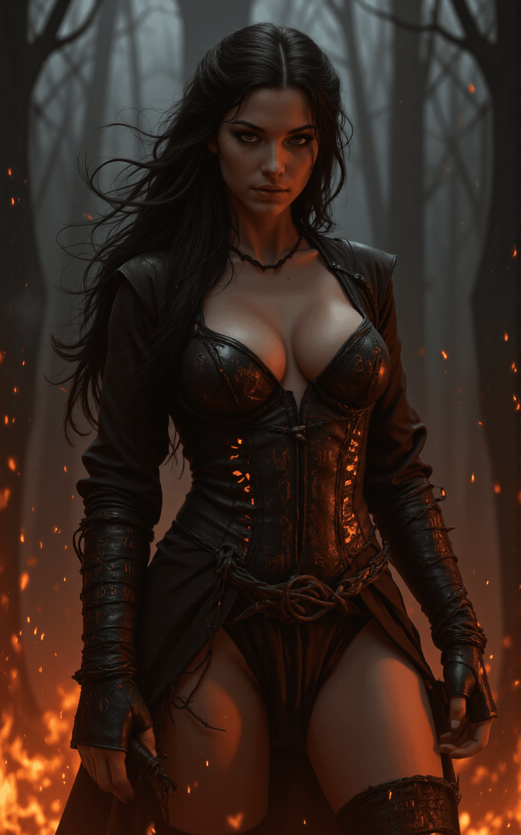 AI generated: A hyper-detailed dark fantasy portrait shows a powerful ash witch standing amid drifting embers. She...