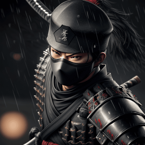 AI generated: Ninja wearing Samurai Armor and Rice Hat, Detailed Mask, Ultra Realistic, Detailed, Katana Drawn, Ra...