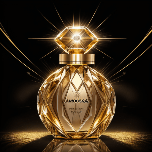AI generated: Commercial photography, powerful gold dust explosion, luxury perfume bottle, with label "DESEPCION A...