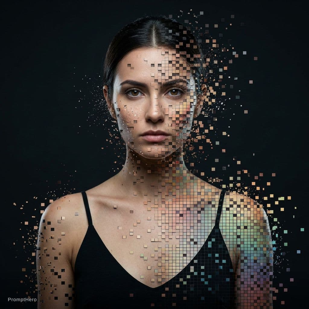 AI generated: portrait of a woman, front shot, gaze, avant-garde styled, wearing a minimalist black wear, features...