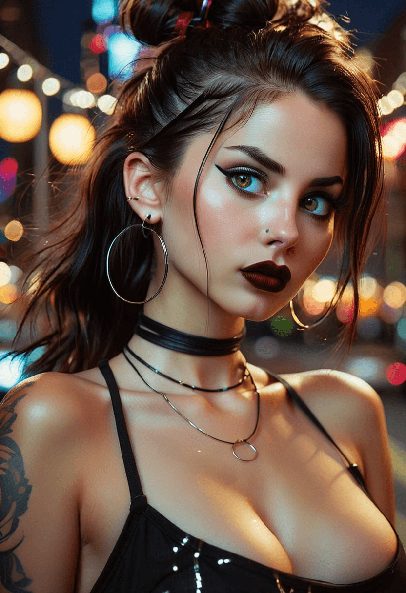 AI generated: cinematic photo hipster woman, dark hair in a bun, perfect eyes, dark eyeliner, dark mascara, dark r...