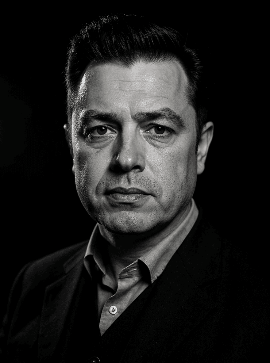 AI generated: black and white photography, fashion editorial, a close up portrait of darkhaired beautiful man is s...