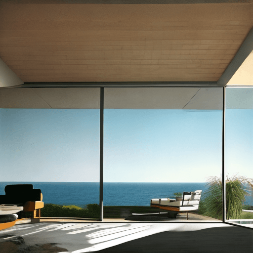 AI generated: Hyper realistic eye level exterior photo of a mid century modern style house overlooking the ocean, ...