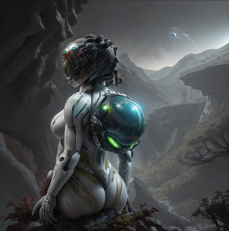 AI generated: female space marine, wearing white and red space suit, futuristic helmet, tined face shield, rebreat...