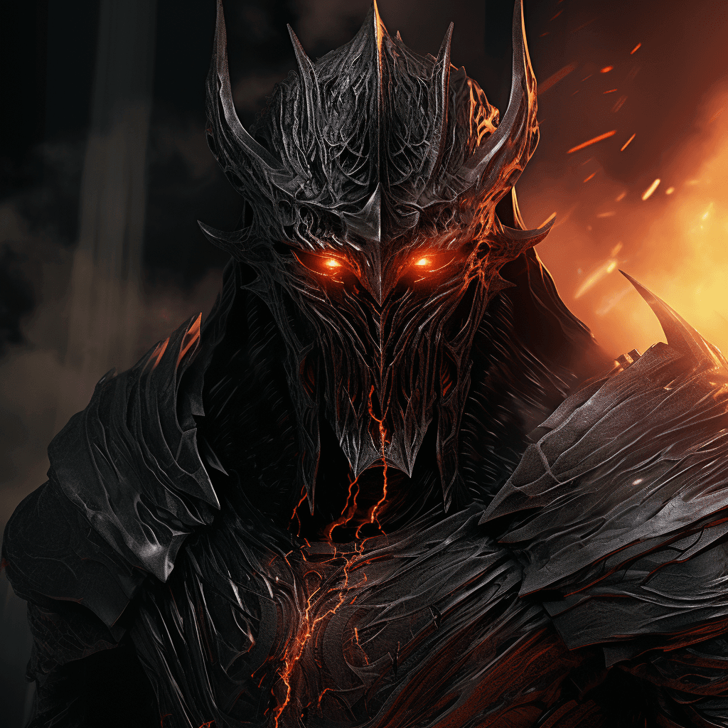 AI generated: A close-up portrait of Sauron, the Dark Lord from the movie "The Lord of the Rings," depicted with i...