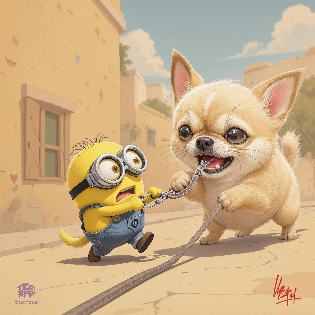 AI generated: Two funny small yellow cartoon creatures with goggles and blue overalls, firmly linked together with...