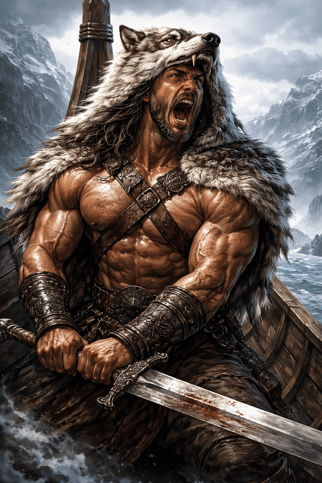 AI generated: warrior warrior, muscular, sword, wearing a wolf pelt, in a ship, icy fjord, misty skies, close up