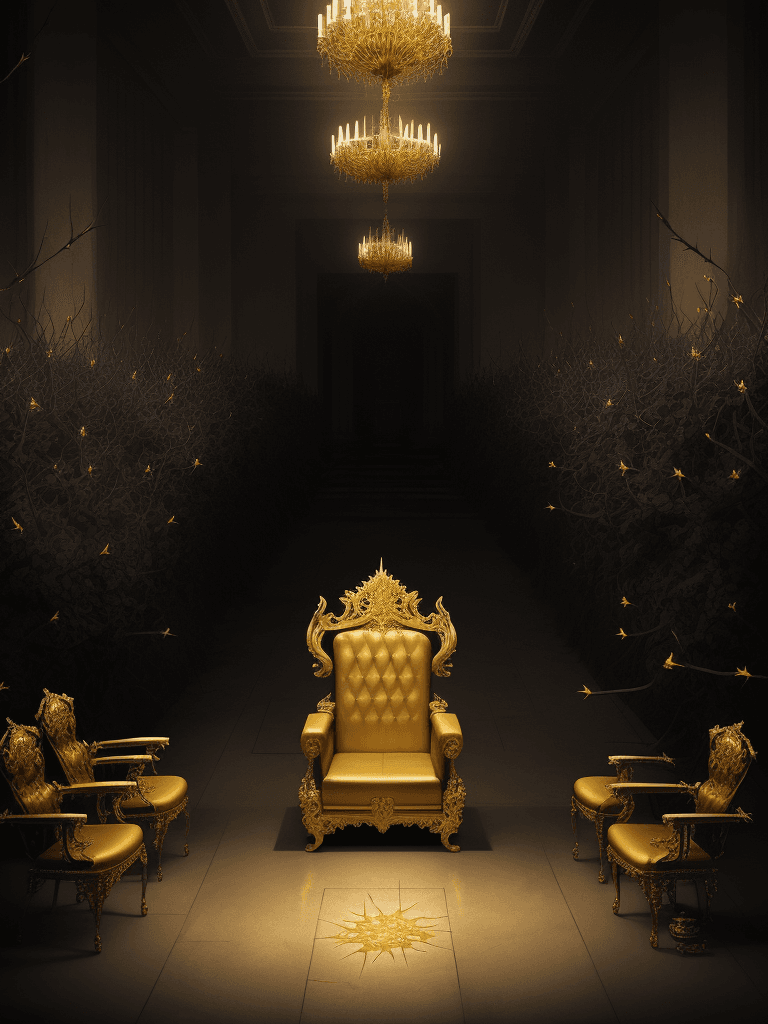 AI generated: long dark hall lined with golden thrones that look like electric chairs. some chairs are covered wit...