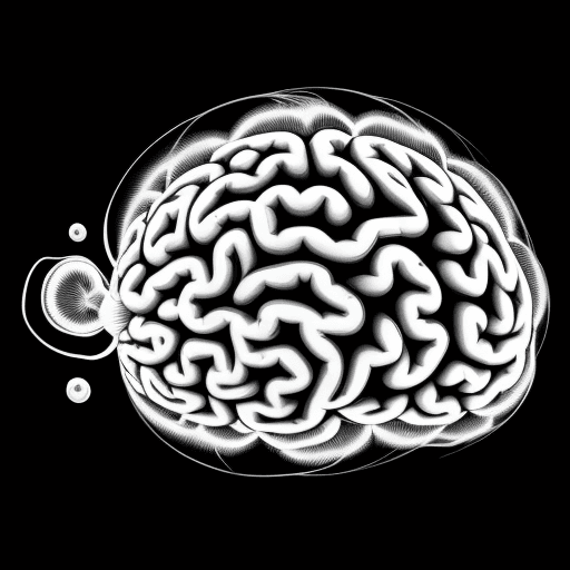 AI generated: black and white transparent doodle-like image of a brain that is bending
