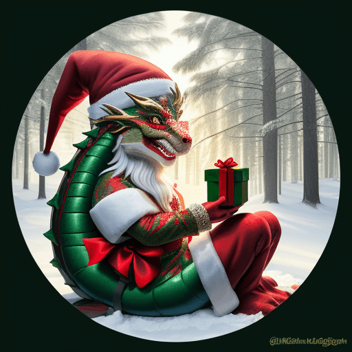AI generated: A New Year's dragon, sitting near the Christmas tree, With a Santa Claus hat on the dragon's head. a...