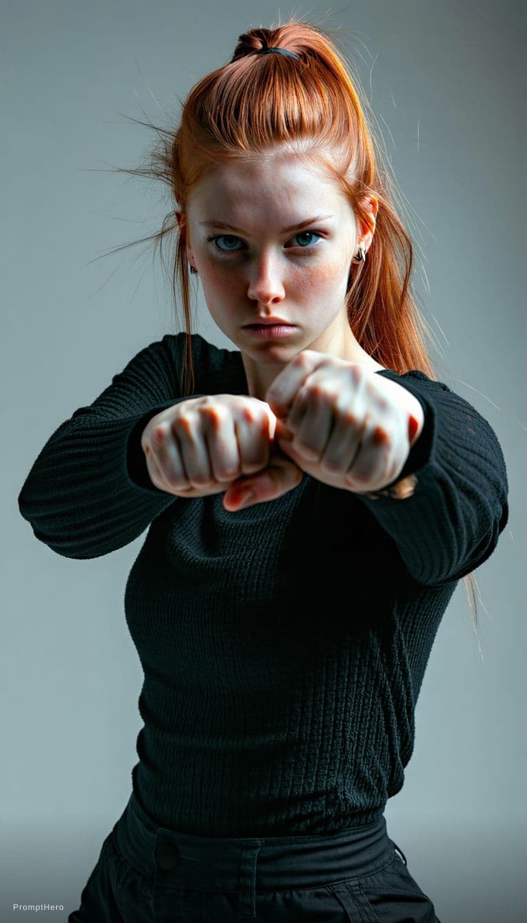 AI generated: A stern, perhaps beautiful, authoritative young woman with a red hair combed back and piercing eyes,...