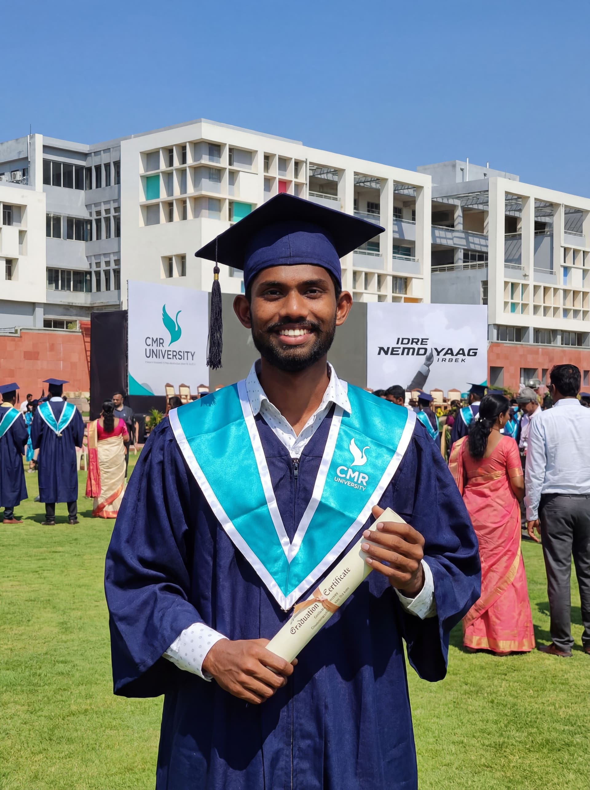 AI generated: Create your Graduation image using a Prompt Cmr logo should be Visible ,graduation attritre ,graduat...