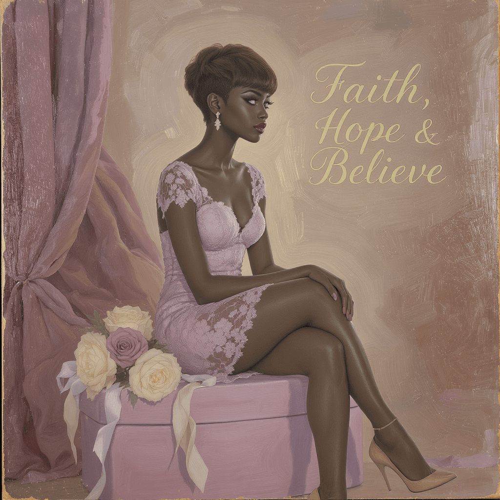 AI generated: IN OIL IN SHADES OF lilac AND WHITE, a BEAUTIFUL African American LADY with SHORT brown HAIR IN A li...