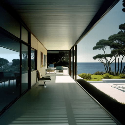 AI generated: Hyper realistic eye level exterior photo of a mid century modern style house overlooking the ocean, ...