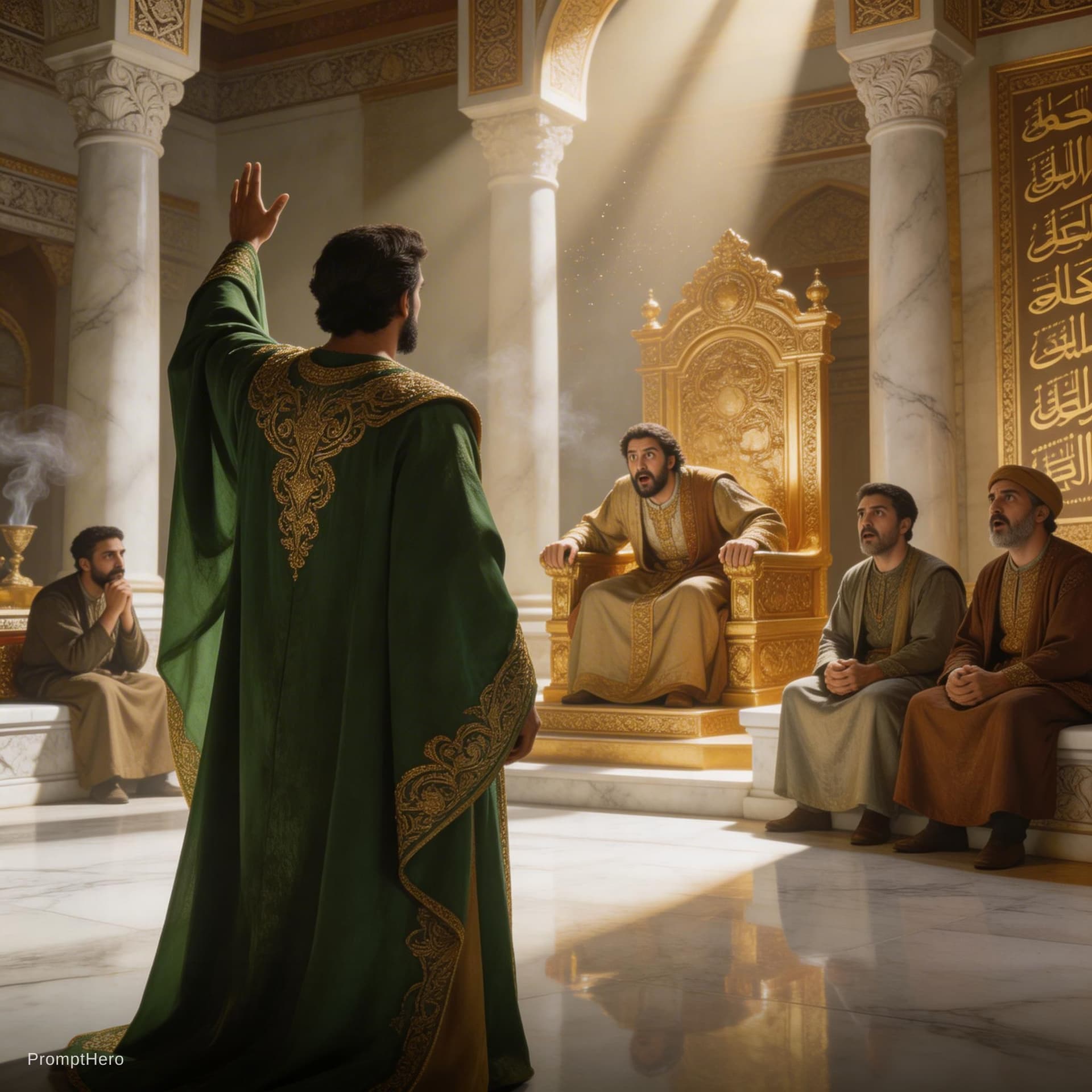AI generated: A highly detailed cinematic painting of Al-Mutanabbi standing in a grand Abbasid marble throne hall,...